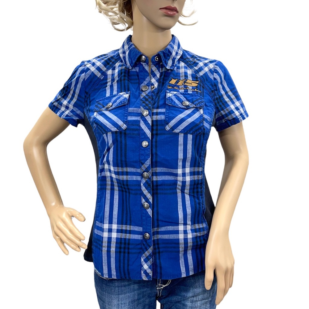 HARLEY-DAVIDSON Short Sleeve Women’s Blue Plaid Button Down Snap Shirt Sz Small